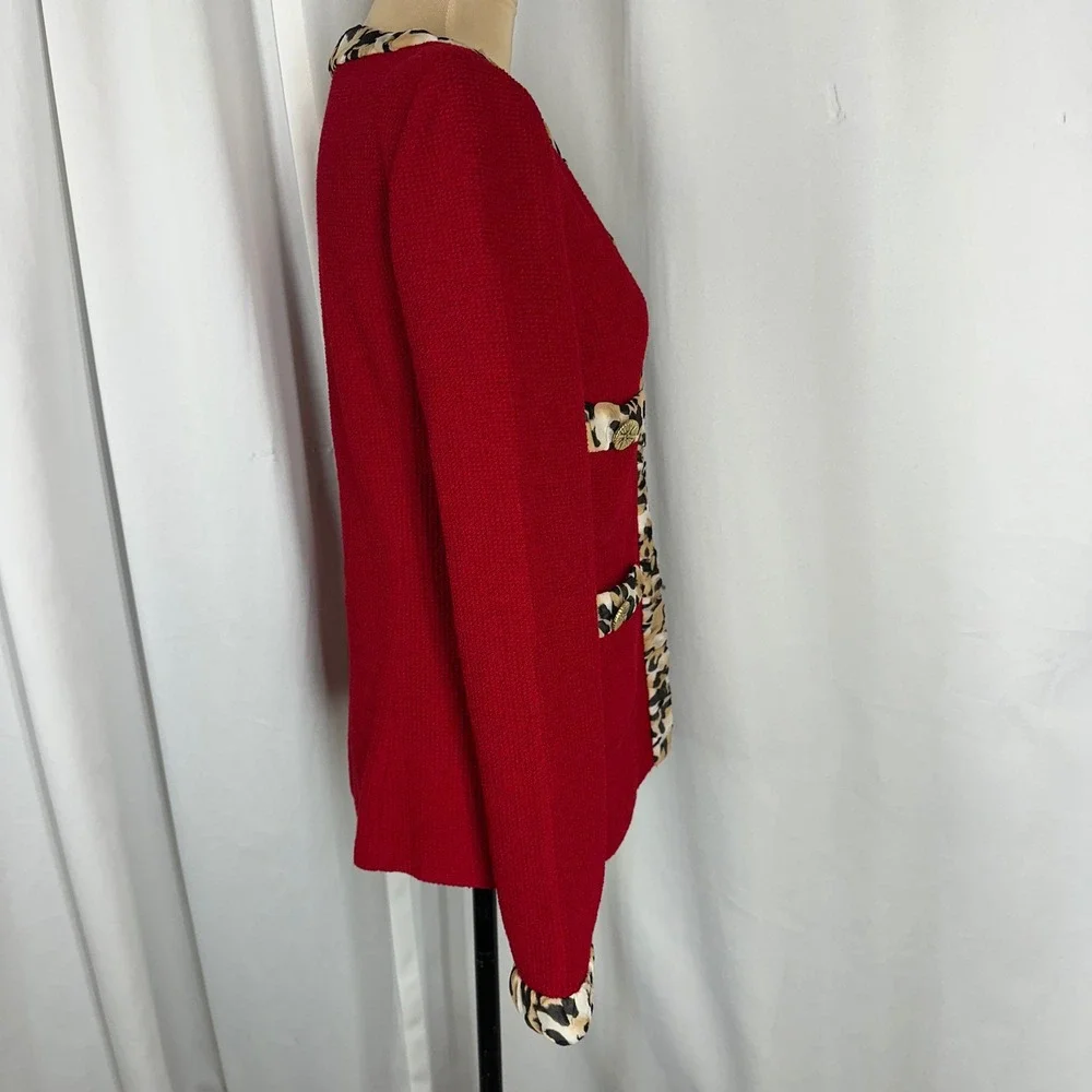 St. John Red Santana Knit Jacket Leopard Trim Rosette Sz 4 (S)